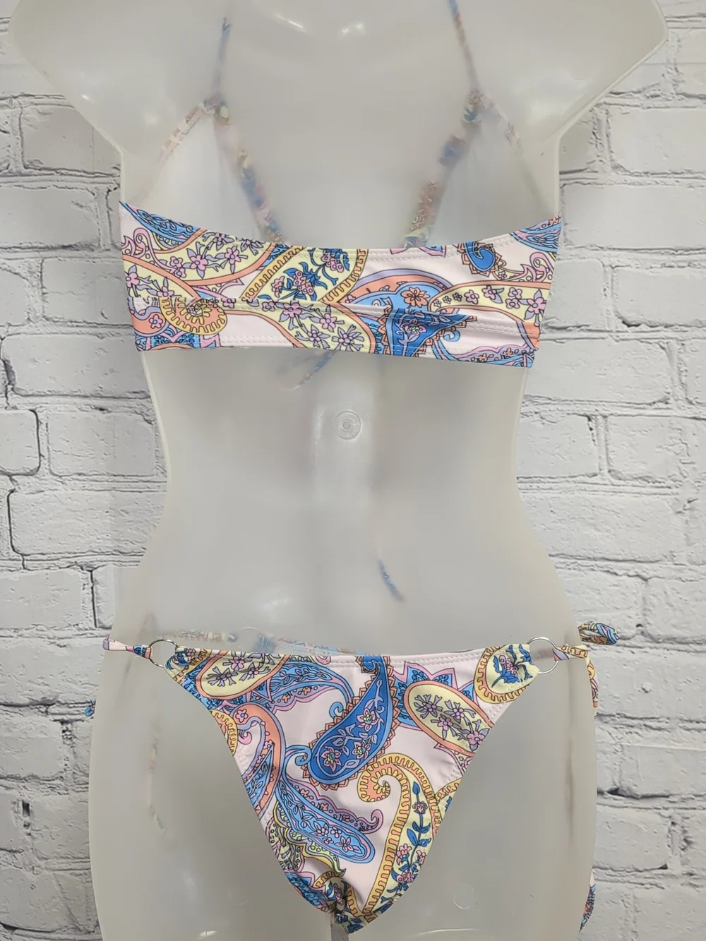 Paisley Print Triangle String Bikini - Pink, Blue & Yellow